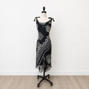Y2K Sangria Black Mesh Overlay Midi Dress Paisley Sheer Tie Strap Slip 12